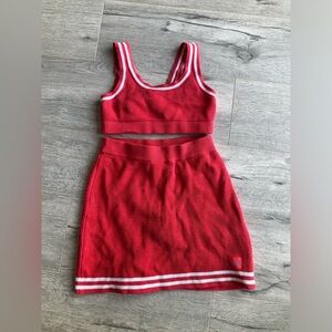 ALO Red Knit Crop Top & Skirt Set with White Stripes